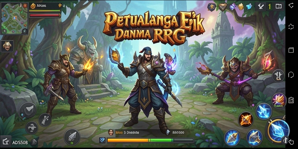 Screenshot permainan ADS508 menampilkan pertarungan seru antara pahlawan dan monster.