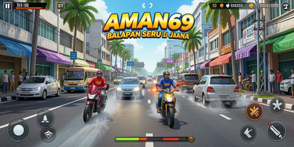 Tampilan gameplay AMAN69 yang menegangkan di lintasan balapan.