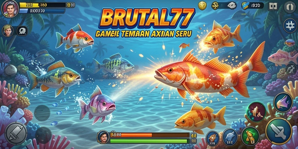 Tampilan menarik dari gameplay BRUTAL77 saat menangkap ikan dengan berbagai senjata.