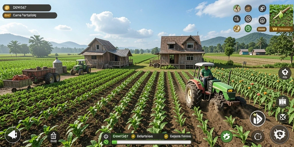 Tampilan gameplay DEWI567 yang menampilkan lahan pertanian yang subur.