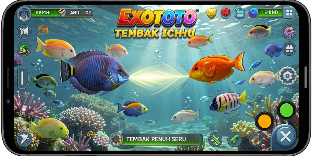 Screenshot gameplay EXOTOTO saat menembak ikan di laut yang memukau.
