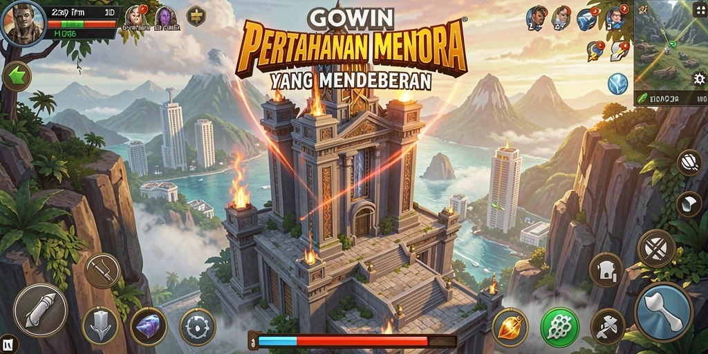 Tampilan gameplay menantang di GOWIN dengan menara dan musuh berwarna-warni.