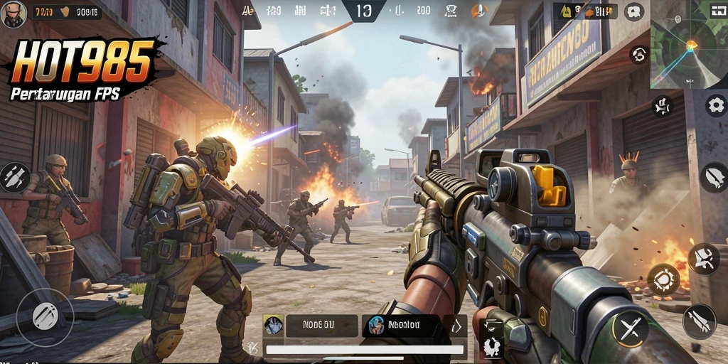 Screenshot gameplay HOT985 menampilkan aksi baku tembak yang seru dan intens.