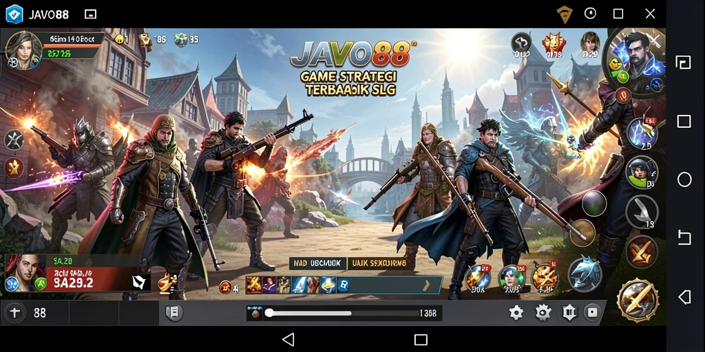 Screenshot gameplay JAVO88 menampilkan pertempuran epik dan manajemen kerajaan yang menarik.