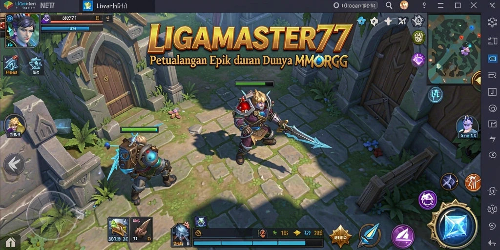 Screenshot gameplay LIGAMASTER77 menampilkan pertarungan epik dalam dunia MMORPG.