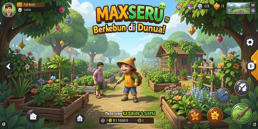 Screenshot gameplay <strong>MAXSERU</strong> menampilkan petani yang sedang merawat tanaman dan hewan.