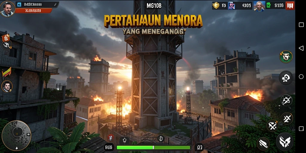 Tampilan seru dari gameplay Tower Defense MG108.
