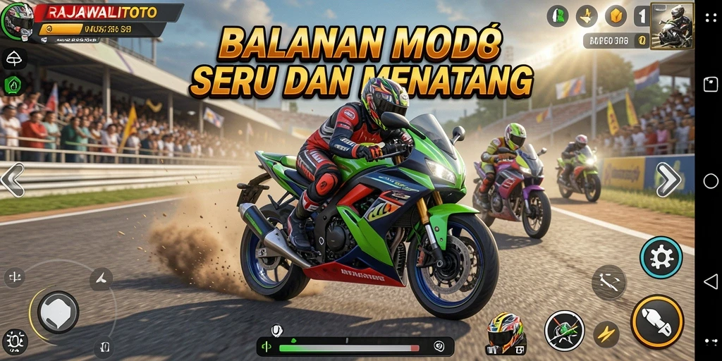 Screenshot gameplay RAJAWALITOTO menampilkan aksi balapan motor yang seru.