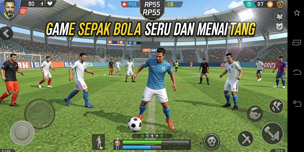 Screenshot utama RP55 menampilkan pemain beraksi di lapangan sepak bola.
