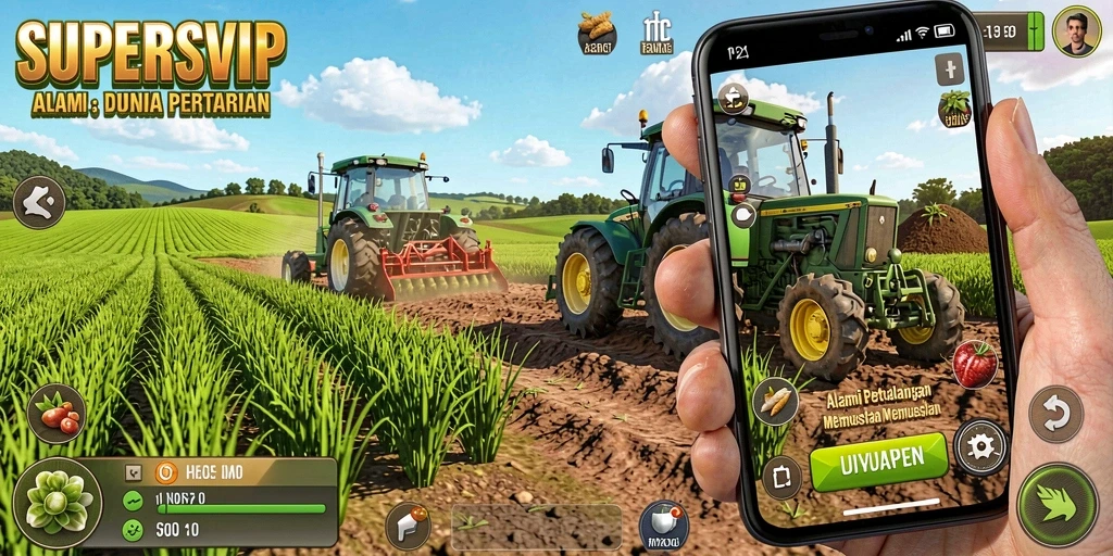 Tangkapan layar gameplay SUPERSVIP menampilkan aktivitas bertani yang menarik dan interaktif.